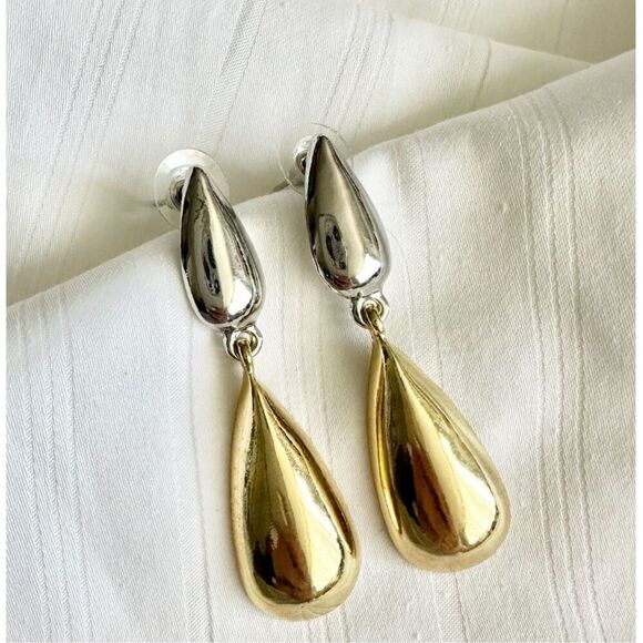 Silver and gold teardrop dangle earrings ￼ - Picture 2 of 2
